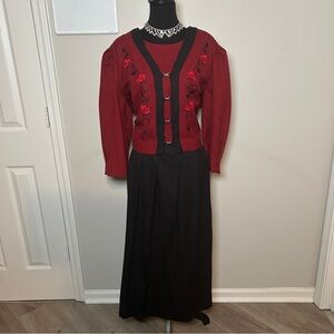 Vintage Lady Dorby Red & Black Houndstooth Dress w/ Embroidered Roses |